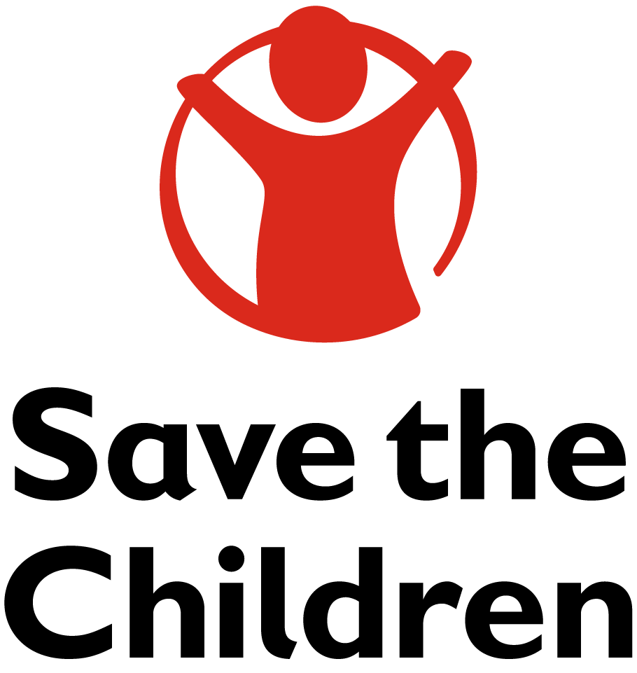 Logo of Save the Children with a red silhouette of a child and text on a white background