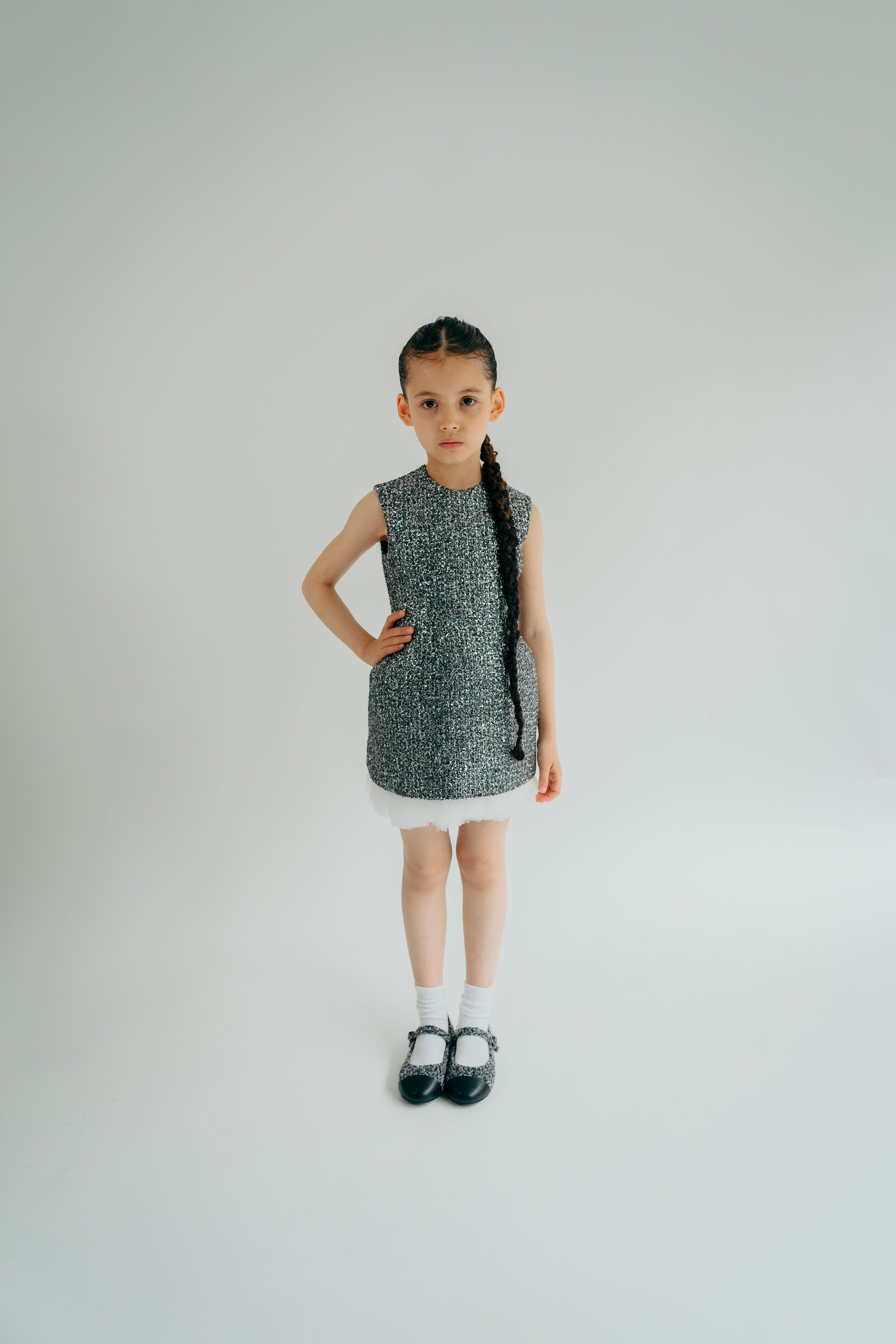 Silver tweed dress with tulle layers