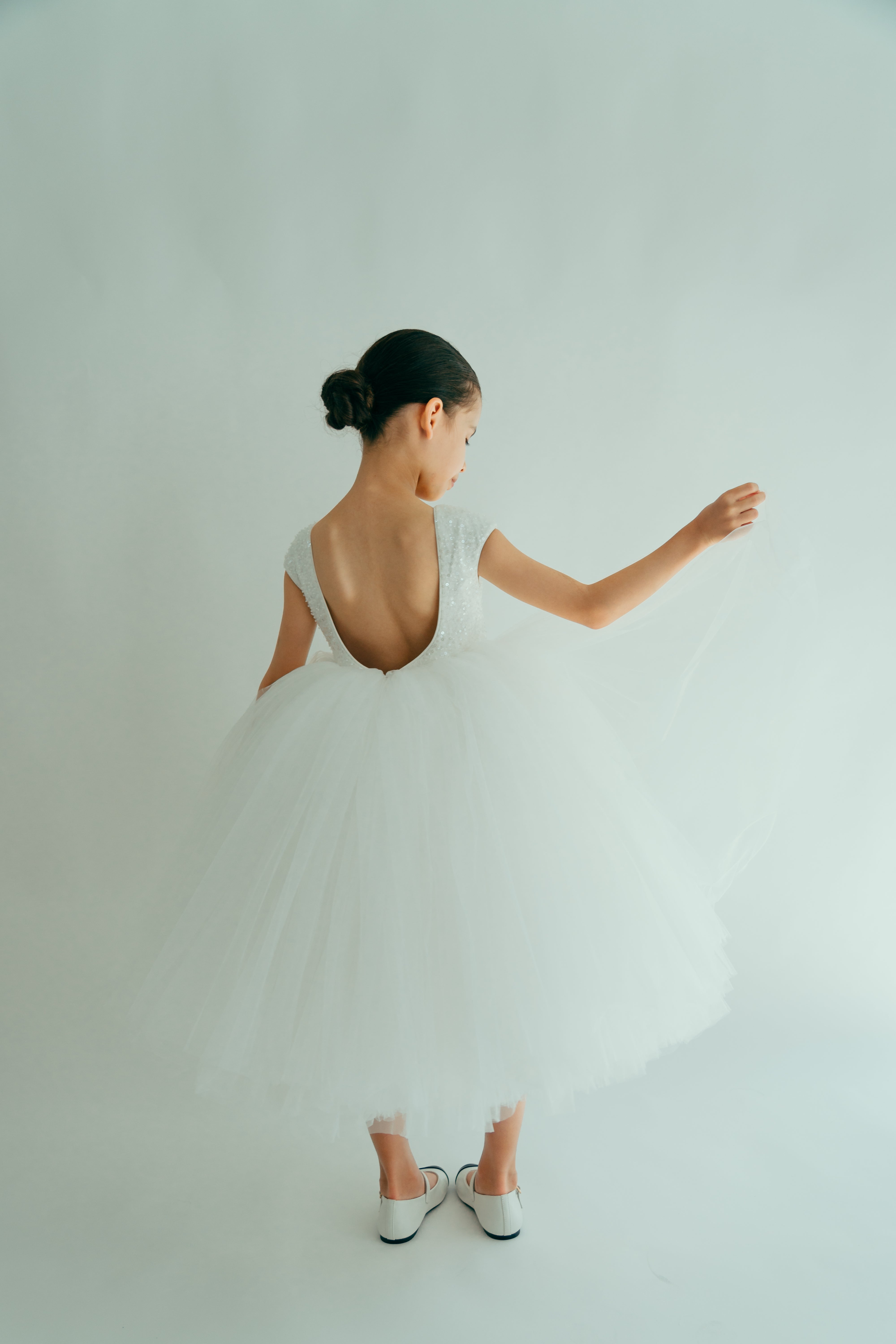 white sequin top, rounded backless dress for kids